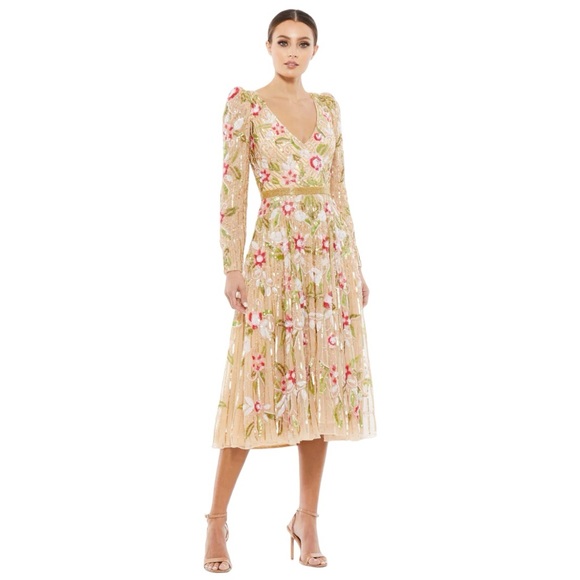 NWT Mac Duggal Long Sleeve Floral Sequined Beaded A-line Midi Dress - Picture 1 of 11